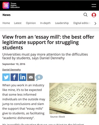 An article from the Times Higher Education (THE) about the essay writing industry